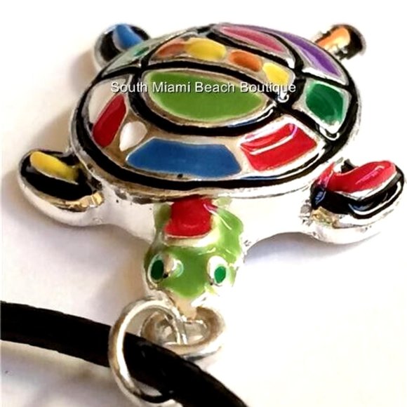 Sea Turtle Necklace Silver Plated Pop Art Multicolor Enamel Nautical Island 18" - Picture 7 of 11